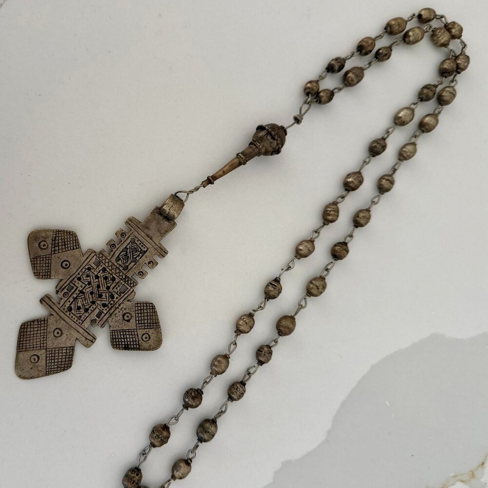 Silver  Statement Cross with beaded Rosary Necklace/Chain